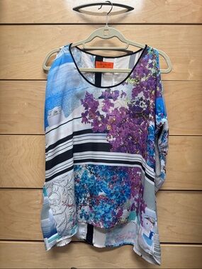 Clover Canyon Blue & Purple Floral Stripe Draped Women's Top